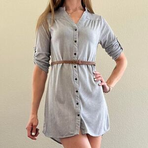 Navy Blue and White Button Down Shirt Dress with a Braided Belt